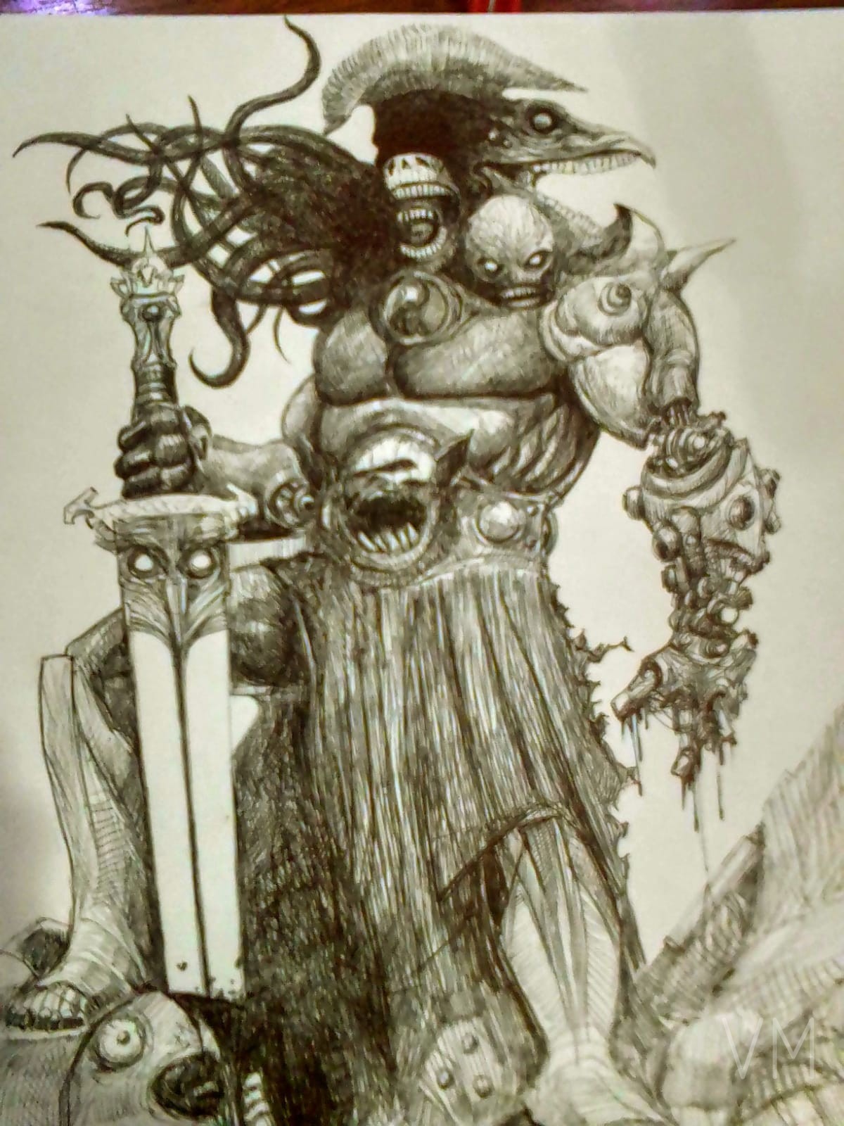 Guerrero demoniaco con múltiples ojos y espada masiva, sosteniendo cabezas cortadas.