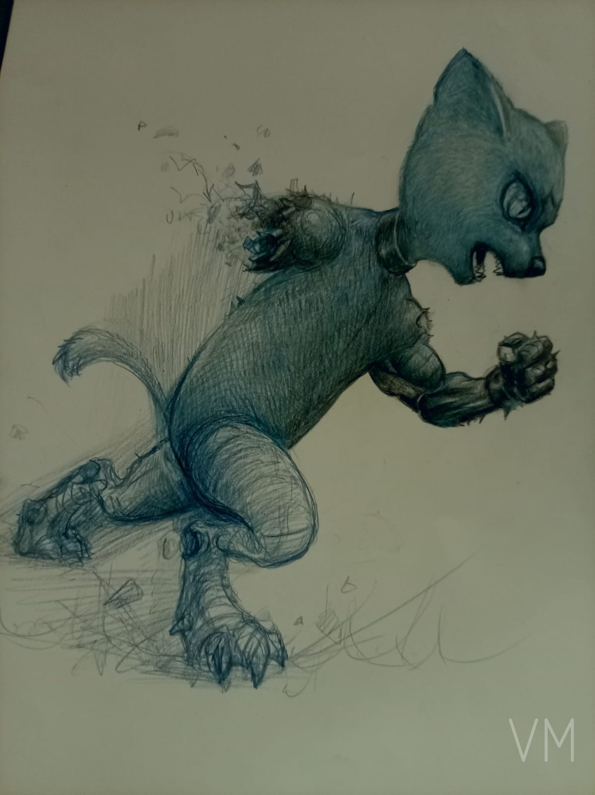 Estudio preliminar a bolígrafo azul para la portada de Darkmoli. Captura el movimiento, la anatomía y la actitud del personaje antes de llevarlo a la versión final.