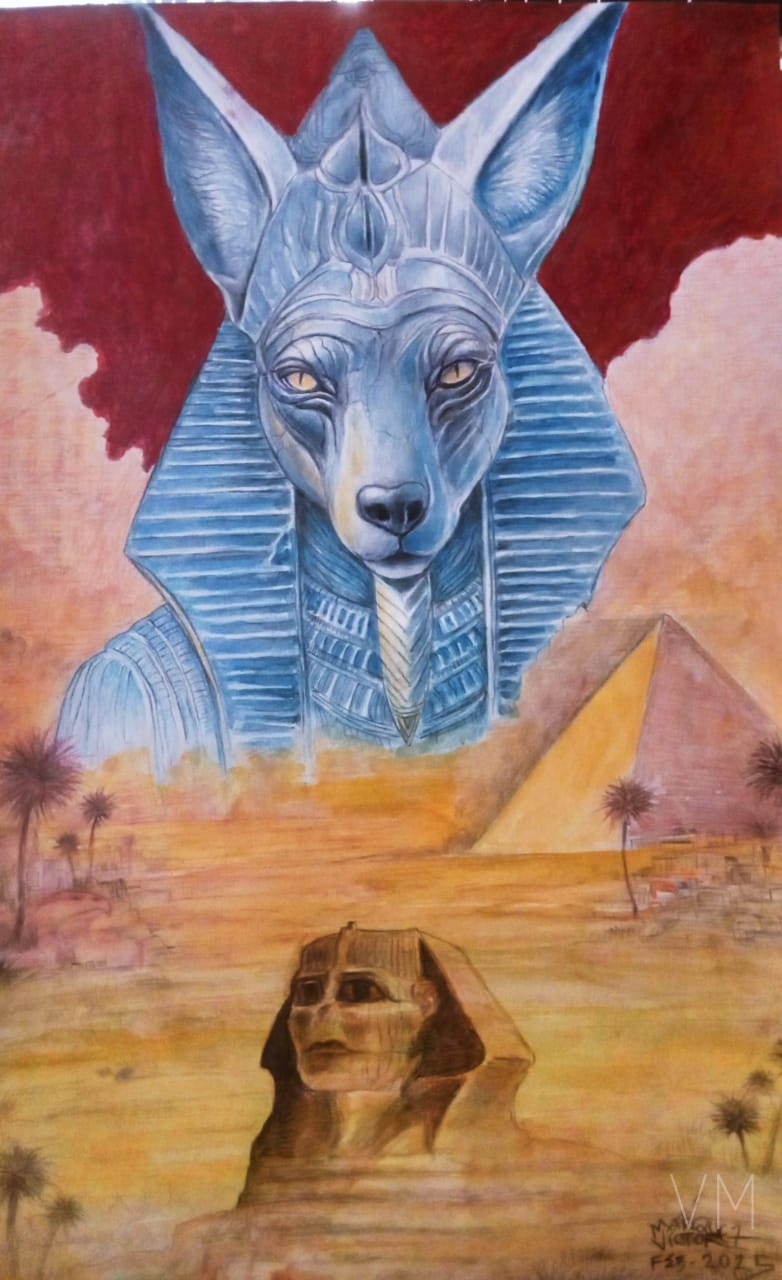 Anubis majestuoso sobre las pirámides de Giza con la Esfinge, obra épica a color