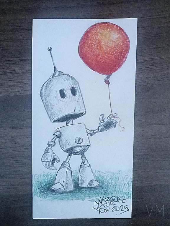 Pequeño robot solitario sosteniendo un globo rojo, separador tierno y melancólico