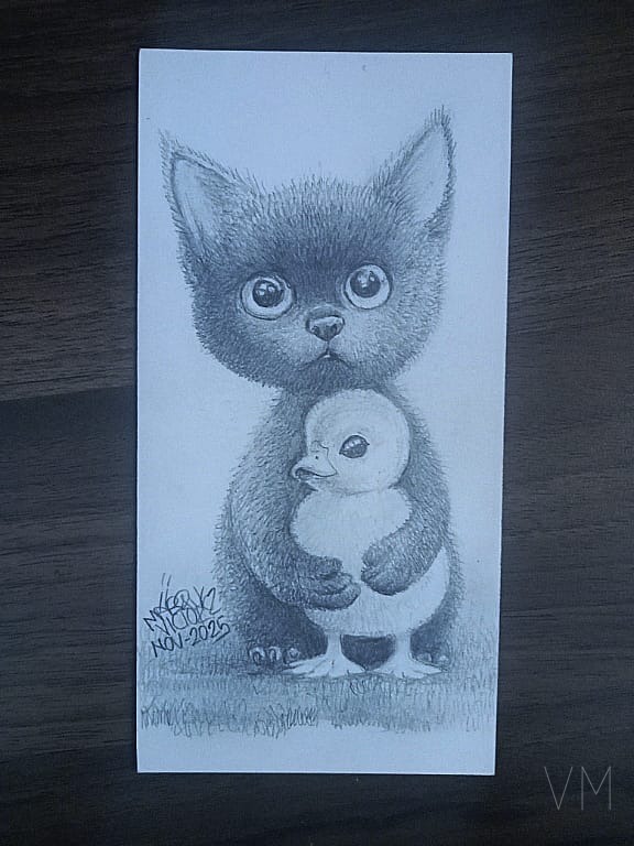 Gato negro abrazando tiernamente a un patito, separador de amistad inesperada