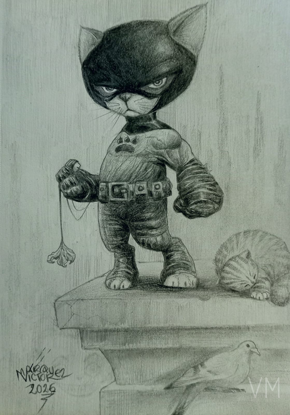 Gato guerrero con armadura y flores marchitas, guardián oscuro con paloma