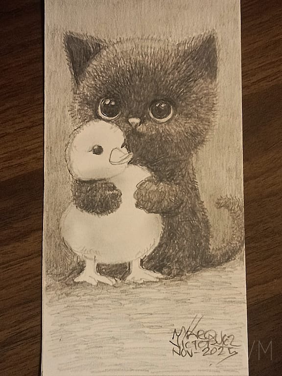 Gatito negro abrazando a un patito blanco, separador lleno de ternura