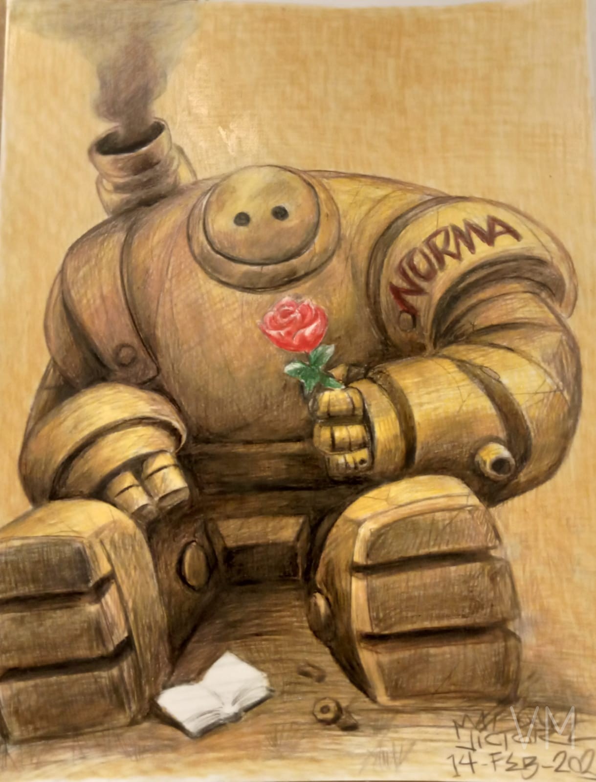 Robot gigante sosteniendo una rosa roja con el nombre NORMA grabado. Homenaje romántico de San Valentín.