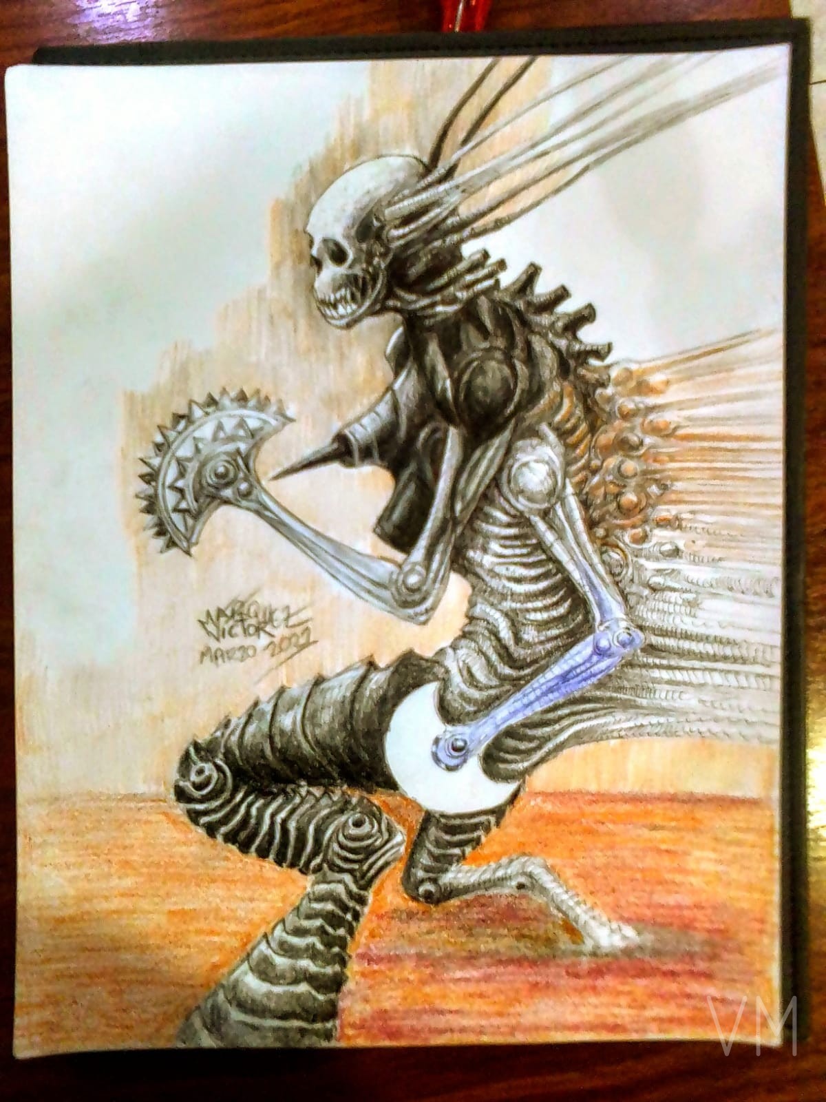 Criatura alienígena esquelética tocando guitarra eléctrica con energía salvaje.