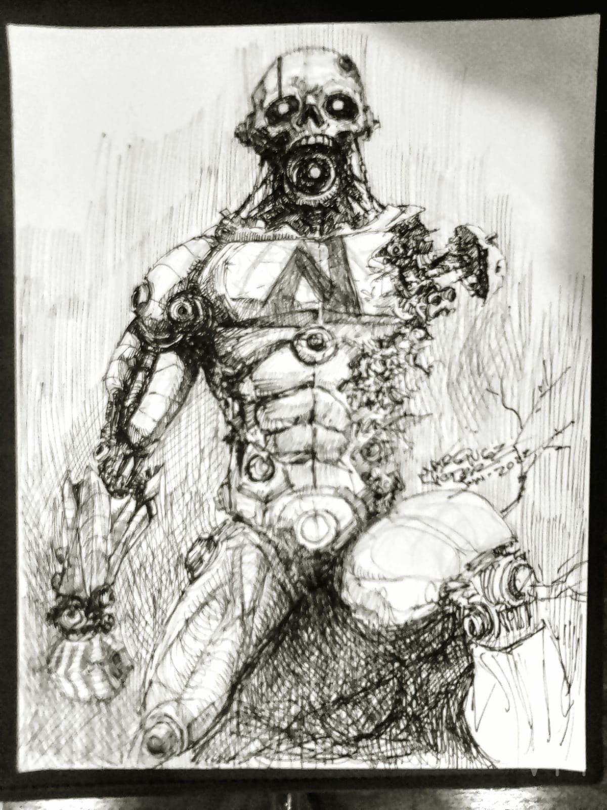 Cyborg estilo Terminator semi-destruido mostrando su endoesqueleto metálico.